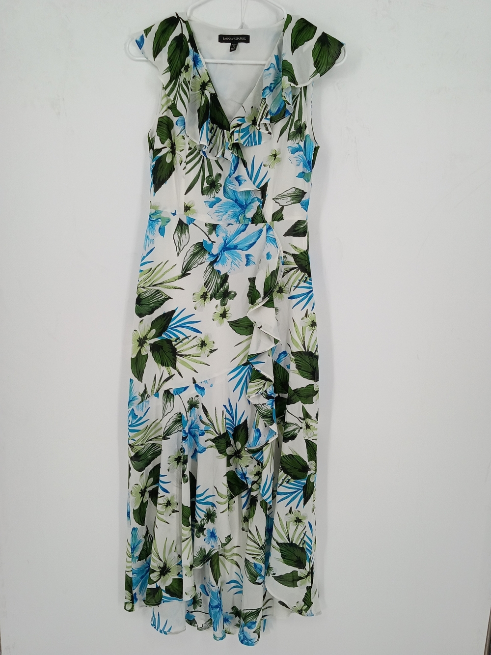 Banana Republic White Maxi Dress w/ Blue & Green Floral Print W/ Ruffles Sz 0 Xs